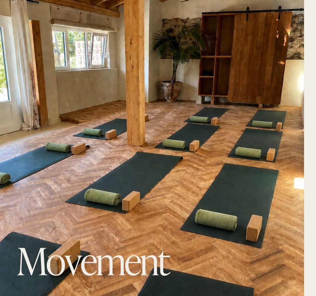 Pilates studio with mats laid out on herringbone wood floors